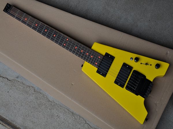 Guitare électrique de forme inhabituelle, corps jaune sans tête, touche en palissandre avec points spéciaux, fournir un service personnalisé