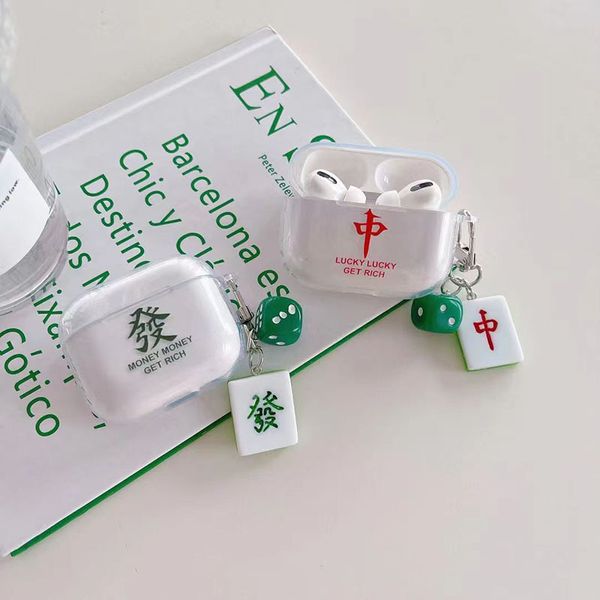 Coussins d'écouteurs pour AirPods 1 2 3 Pro, motif de lettres chinoises transparentes, accessoires d'écouteurs, mode Mahjong dés pendentif coque supérieure