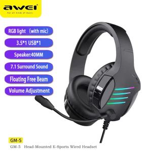 Auriculares/Auriculares Awei GM5 Auriculares para juegos Sonido envolvente 7.1 Estéreo HIFI Gamer Auriculares con cable con micrófono USB A de 3,5 mm para PC Computadora portátil