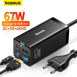 Hoofdtelefoon/headset Baseus 67W GAN5 USB C CLAGER HUB SNEL LADING VOOR iPhone 14 13 Type C HUB 4K 30Hz HDMI USB4 -adapter voor schakelstoomdek Dock