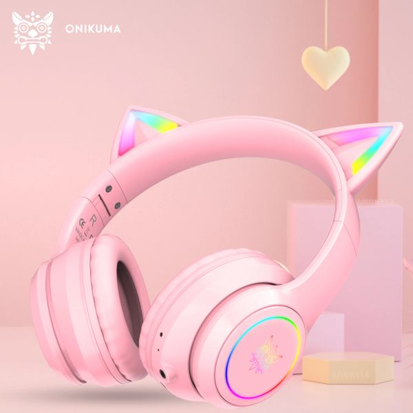 Auriculares/auriculares Bluetooth Compatibles Auriculares para orejas RGB Auriculares de color rosa inalámbrico RGB con micrófono Hifi Music Game para linda chica