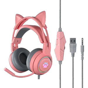 Casque/Casque Écouteurs de jeu à oreilles de chat pour PC, casques de jeu avec microphone, suppression du bruit, prise USB filaire de 3,5 mm pour PS4/Xbox One