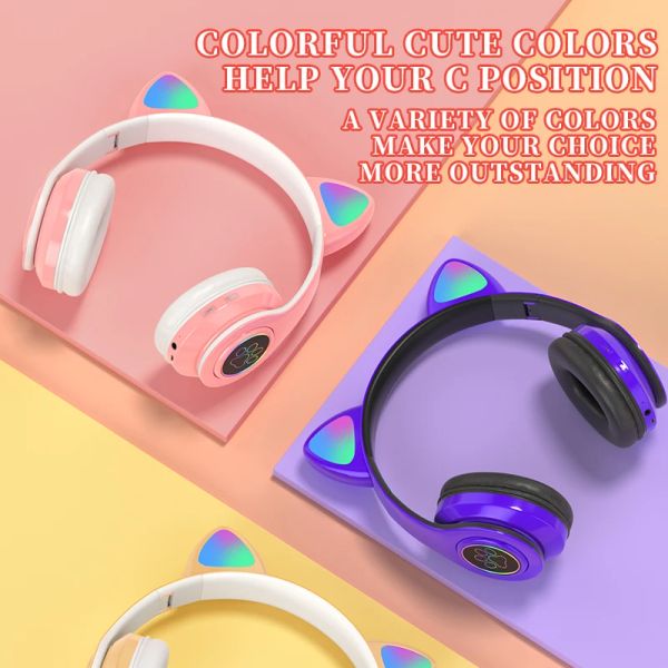 Auriculares/Auriculares Lindos Auriculares con Orejas de Gato Luz de Flash Inalámbricos con Micrófono Puede Cerrar LED Niños Niñas Teléfono Estéreo Música Auriculares Bluetooth Regalo para Jugadores