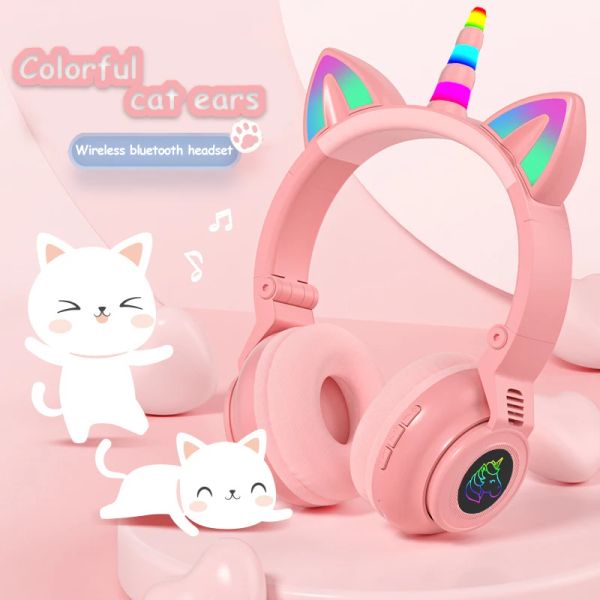 Casque / casque RVB Unicorn Kids Headphones sans fil avec micro, contrôle RVB Light Girls Music Stéréo Eleo Téléphone mobile Cadeau de casque pour enfants