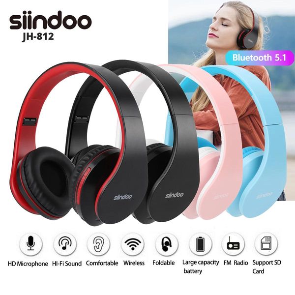 Casque / casque Siindoo JH812 casque Bluetooth sans fil avec carte SD FM FM STÉRÉO EARphone Super Bass Mic pour ordinateur portable PC TV Nouveau Arrivée