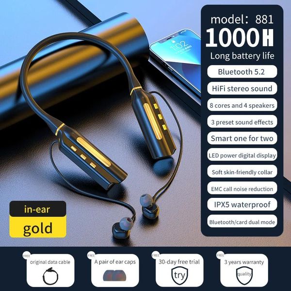 Auriculares Auriculares de 1000 horas Auriculares inalámbricos Bluetooth Auriculares con banda para el cuello Auriculares deportivos estéreo con graves Tarjeta TF con micrófono cuando el banco de energía