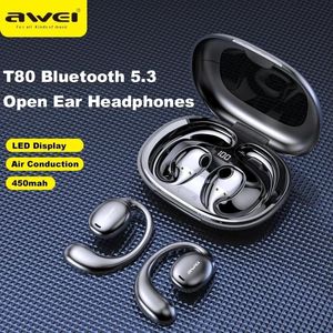 Écouteurs AWEI T80 Bluetooth 5.3 Écouteurs d'oreille ouverts Conduction d'air Earhook Sport Wireless Sport With Mic Standby 450mAh Chef de casque