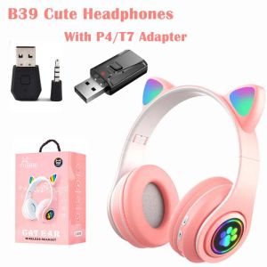 Headphones B39 Bluetooth 5.0 casque sans fil oreilles de chat mignon HIFI stéréo pliable écouteur avec adaptateur P4/T7 pour femmes cadeaux écouteurs