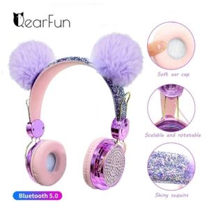 Auriculares Bling Auriculares inalámbricos Bluetooth Niñas Auriculares con cable con micrófono Brillo de lujo para niños Lindo Hairball Música Auriculares