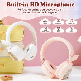 Casque Bluetooth 5.0 sans fil pour enfants, casque d'écoute avec ailes d'ange, casque de jeu pour téléphone portable, prise en charge de la carte TF AUX pour Smartphone et PC