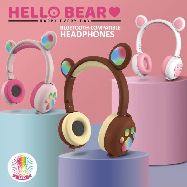 Écouteurs mignon ours oreille casque sans fil BluetoothCompatible 5.0 casque avec micro HIFI stéréo basse Eeaphone pour enfants/enfants/filles