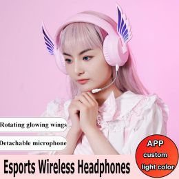 Écouteurs Bluetooth à ailes mignonnes, casque de jeu de musique stéréo hi-fi avec microphone détachable à réduction de bruit, contrôle par application, couleur de la lumière