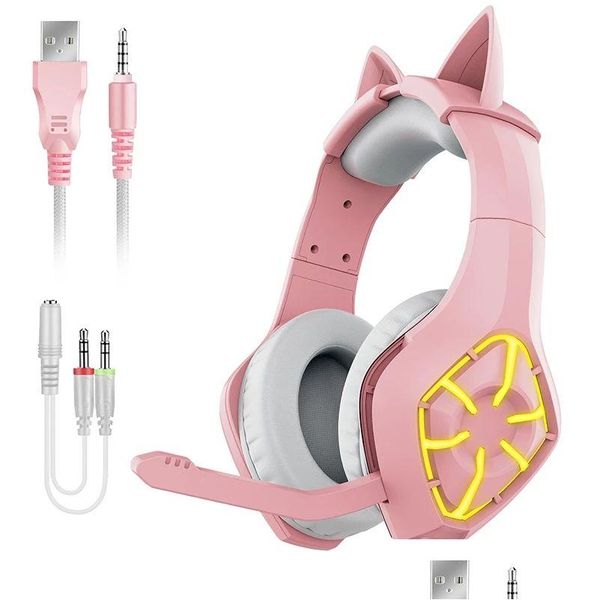 Écouteurs d'écouteurs Colorf Lights Cat Girl Pink Pink Wired Game Headsed Sethphone RVB Light Stéréo Écoute avec microphone F DHW0R