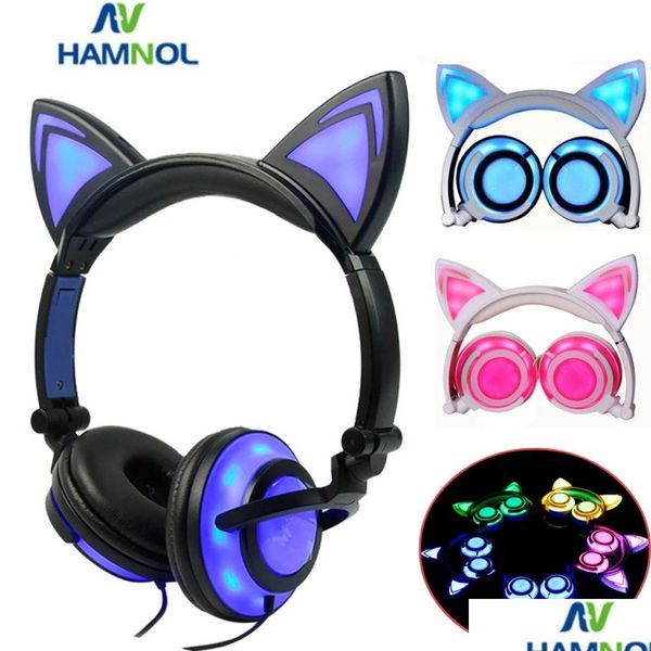 Écouteurs écouteurs drôles Rechargeable Cat Oreille mouche LED Éclairage Kitty Cats Écoute clignotant Bear Cosplay Headset Gaming pour ADT DHPZ0