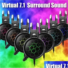 Hoofdtelefoon Oortelefoon Virtueel 7.1 USB -gaminghoofdtelefoon met MIC Surround Sound Professional Gamer -headset Luminous Light voor PC Com Dhukx