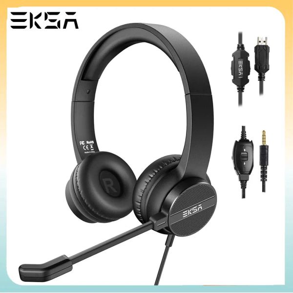 Auriculares EKSA H12/H12E Auriculares con cable 3,5 mm/USB OnEar Auriculares para computadora con micrófono giratorio Cancelación de ruido para centro de llamadas