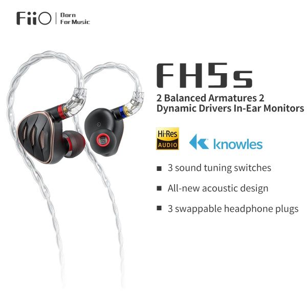 Écouteurs FiiO FH5S 2BA + 2DD, écouteurs intra-auriculaires à pilote hybride avec prise 2.5/3.5/4.4mm, câble détachable MMCX, 3 commutateurs de réglage