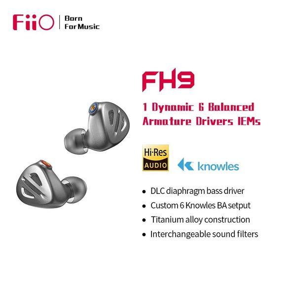 Écouteurs FiiO FH9 écouteurs 1DD + 6BA HiFi Knowles avec écouteurs MMCX 2.5/3.5/4.4 détachables de haute qualité