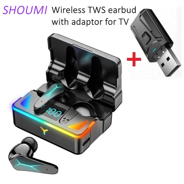 Écouteurs de jeu TWS Bluetooth avec adaptateur micro USB, écouteurs de jeu sans fil, affichage LED, casque antibruit pour TV Mobile
