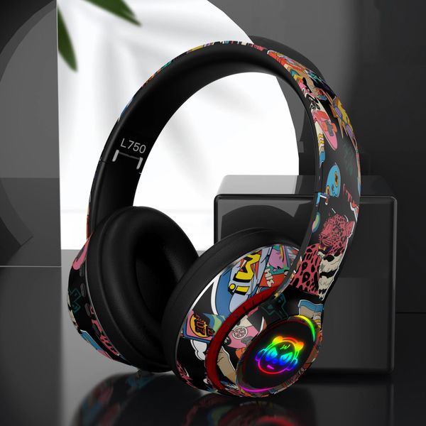 Casque Bluetooth 5.1 sans fil Gamer Graffiti casque avec micro RGB LED lumière pour enfants PC Gamer écouteur Support TF carte