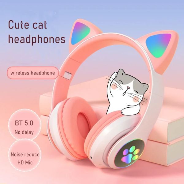 Écouteurs LED Flash oreilles de chat mignon casque sans fil avec micro stéréo Bluetooth casque Support TF carte SD jouer pour enfants fille musique cadeau