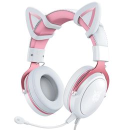 Cuffie Onikuma X10 Cuffie da gioco con orecchio di gatto bianco rosa Cuffie cablate da 3,5 mm con microfono Luce RGB per PS4/PS5/Xbox One/PC Gamer