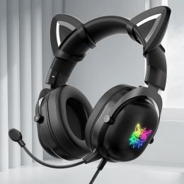 Hoofdtelefoon Onikuma x11 Flitslicht Cat Ear Gaming Headset RGB-helmen Gamer Girl-hoofdtelefoon y2k Bedrade hoofdtelefoon met microfoon voor pc xbox