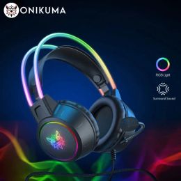 Koptelefoon ONIKUMA X15 Pro OverEar-koptelefoon Gaming-headset Bekabelde oortelefoons Roze kattenoren Rgb-licht met microfoon Voor pc PS4