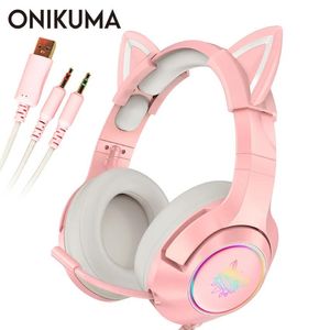 Koptelefoon Roze Kat Oor Headset Meisjes casque Bekabelde stereo gaming-hoofdtelefoon met microfoon LED-licht voor laptop / PS4 / Xbox One-controller