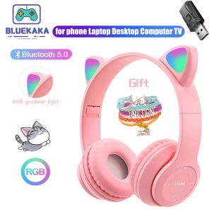 Headphones Pink Girl Wireless Headphones RGB CHET CAT EARES CHEAUX AVEC MICROPHONE ANNULLAGE MUSIQUE STÉRÉO MUSIQUE CASCO CADEAUX ENFANTS