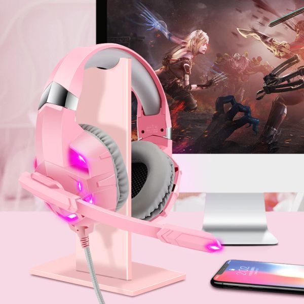 Auriculares Auriculares rosados Gamer Girl con micrófono HD Luz LED sobre la oreja Auriculares para PC para teléfono celular / Computadora portátil / PS4 / XBOX Regalo para niñas