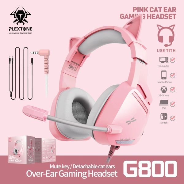 Auriculares Plextone G800 Rosa Lindos Auriculares para Juegos con Micrófono Oreja de Gato Estéreo Bajo Auriculares con Cable Micrófono para Niñas PUBG Gamer Computadora PC