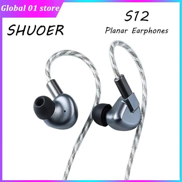 Shuoer S12 Auricular Controlador magnético plano de 14,8 mm HiFi Ear IEM con cable de cobre monocristalino plateado Auriculares de 3,5 mm
