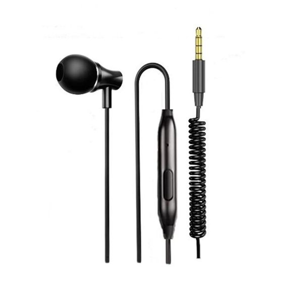 Écouteurs d'écouteurs monolatéraux avec microphone, prise jack 3,5 mm, mono-oreille, bouchons d'oreille à isolation phonique en métal, cordon renforcé à bobine à ressort
