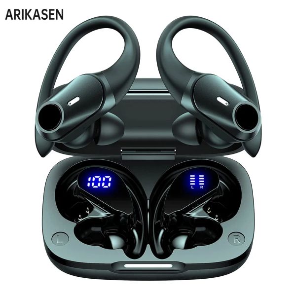 Les écouteurs arborent des écouteurs Bluetooth TWS avec un boîtier de charge LED Earhook Type C Headphones Wireol Stereo Gaming Headsets avec microphones