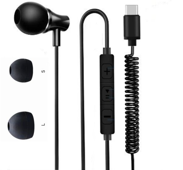 Écouteurs USB TypeC Earbphone SingleSide Ecouteur USBC Earbud, SingleEarbuds avec Microphone Spring Coil Renforcé Cordon pour Google