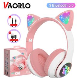 VAORLO Flash Lampe Mignon Chat Oreilles Casque Bluetooth5.0 Stéréo Avec Micro Support TF Carte Sans Fil Enfants Fille Écouteur Cadeau D'anniversaire