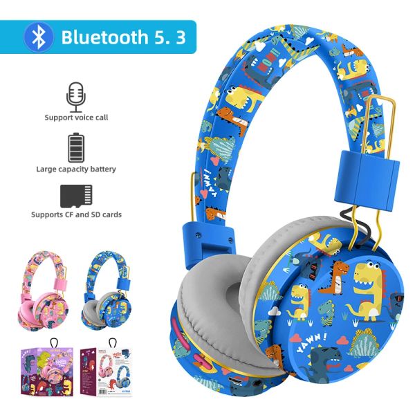 Auriculares Auriculares inalámbricos Bluetooth con micrófono Dinosaurio Niños Niñas Música estéreo Auricular Dinosaurio Auriculares para niños eadphones