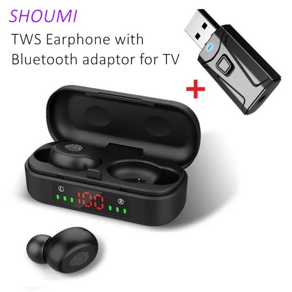 Écouteurs sans fil TWS, oreillettes Bluetooth, contrôle tactile stéréo, anti-transpiration, avec micro, adaptateur USB Bluetooth pour TV et PC