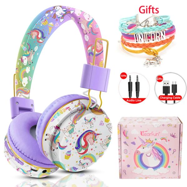 Auriculares Auriculares inalámbricos con micrófono Rainbow Unicorn Niños Niñas Estéreo Música Casco Auriculares Gamer Tarjeta TF para teléfono Auriculares para niños