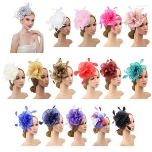 Headpieces 16 kleuren vrouwen grote ruches bloem fascinator hoed vintage solide multi veer kentucky derby thee feest eendbill haarclip