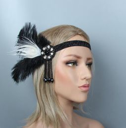 Titulares 1920 Great Gatsby Black Bridal Headband Feather Girl Feather Wedding Queen Tassel Prom Princess Birthday Party6334522