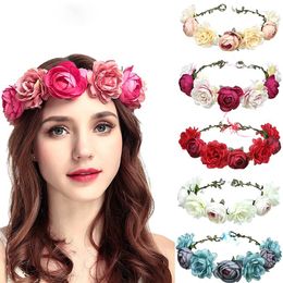 Hoofddeksels 1PC Mode Bohemen Bruid Vrouwen Bloem Kroon Haarband Bruiloft Bruids Rose Krans Hoofdband Meisjes Zoete Guirlande Accessoires Gift