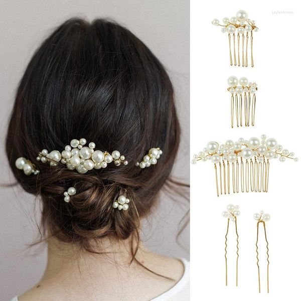 Coiffes 5 pièces simulé perle épingles à cheveux Clips femmes fleurs peignes mariage fête de mariée accessoires tête ornements bijoux cadeau