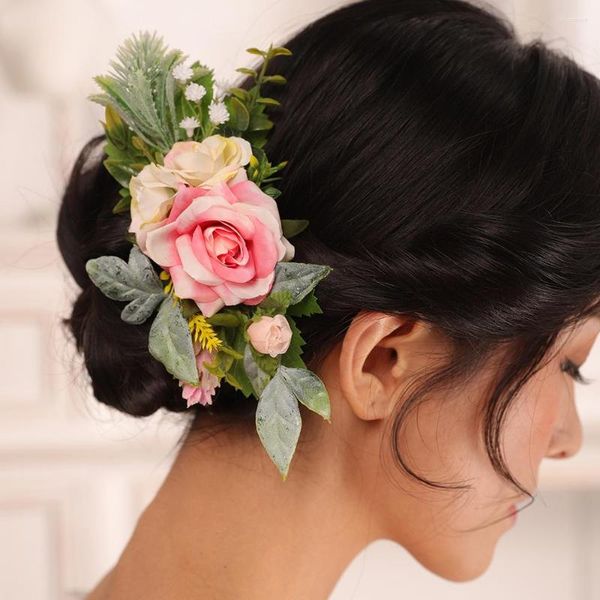 Coiffures Beauté Mariage Fleur Peigne À Cheveux Rose Rose Feuille Romantique Chic Femmes Accessoires Pour La Mariée