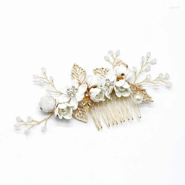 Coiffures de cheveux de mariée, peigne à bijoux, fleur artificielle et feuille, coiffure avec dents lisses pour robe, outil de fabrication de coiffure