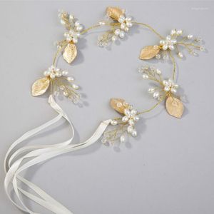 Headpieces Bruids Handgemaakte Pearl Tiara Gold Leaf Wedding Jurk Accessoire Hair Band Sieraden Decoratie