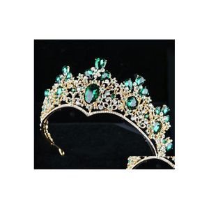 Tocados Nupcial Tiara Tocado Vintage Barroco Desfile Corona Aleación Verde Diamante Esmeralda Noble Coronas Elegantes Tocados Quinceaner Dhvmn