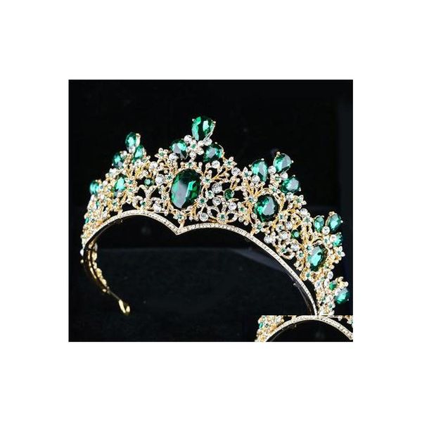 Diadèmes de mariée Coiffe Vintage Baroque Pageant Couronne Alliage Diamant Vert Émeraude Noble Couronnes Élégant Chapeaux Quinceaner Dhvmn