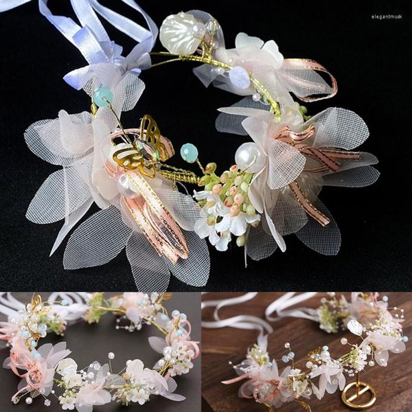 Tocados Novia Princesa Flor artificial Guirnalda Corona de cabeza con cinta ajustable Boda Vacaciones Corona de pelo Halo Tiara Diadema